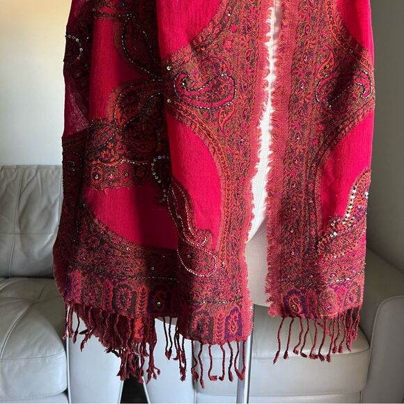 NEW Heirloom Anna Pashmina Shawl Pure Wool Beaded Sequined Embroidered Dark Red - Picture 3 of 16